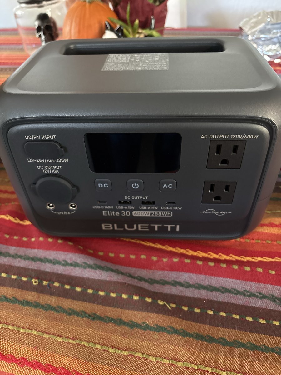 Front panel of the Bluetti Elite 30 V2 with AC outlets, USB ports and display