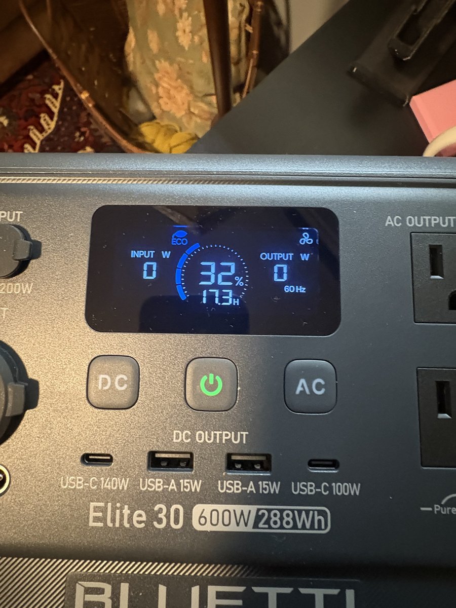 Bluetti display at first power-on showing 32 percent and ECO icon
