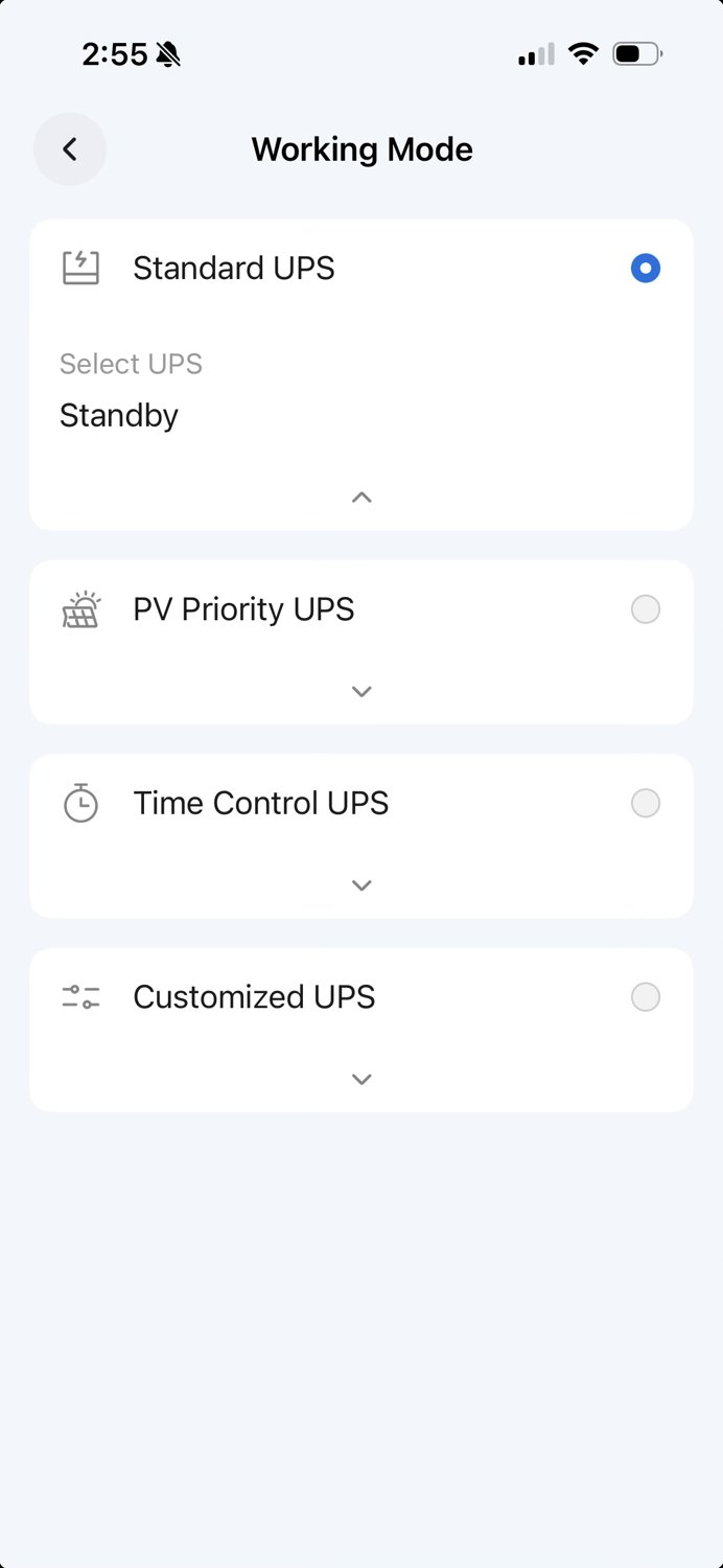 BLUETTI app working mode options