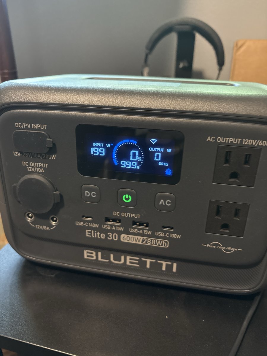 Bluetti at 0 percent charging at 199 watts